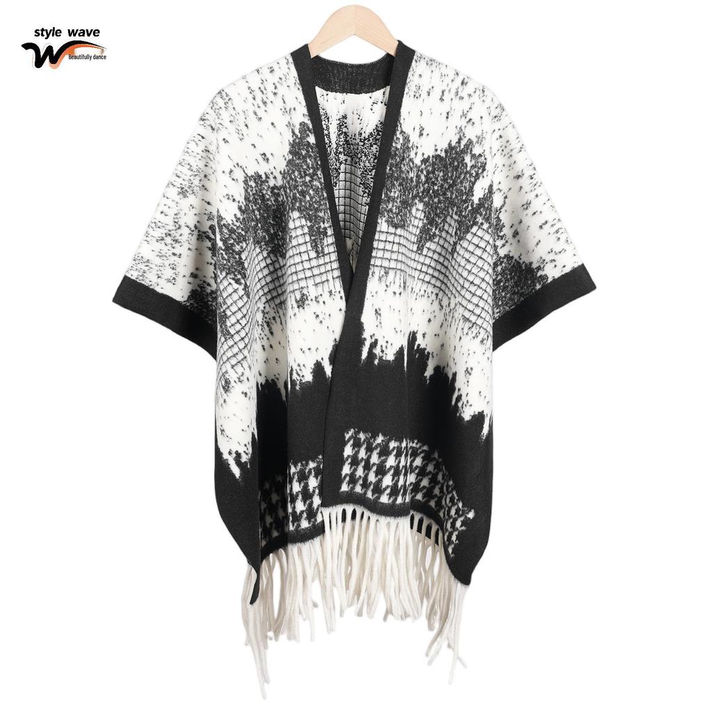 Women's Thick Jacquard Tassel Shawl - Versatile Solid Color Cape for Autumn/Winter