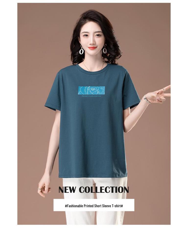 Women's Plus Size Casual Cotton Round Neck T-Shirt - Summer Short Sleeve Loose Fit for Middle-Aged Moms