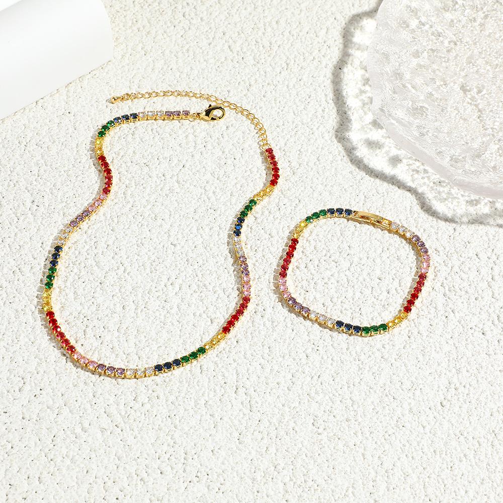2026 Colorful Rainbow CZ Tennis Chain Bracelet Necklace Micro Pave Red Pink Purple CZ Gold Plated Fashion Wedding Set Jewelry