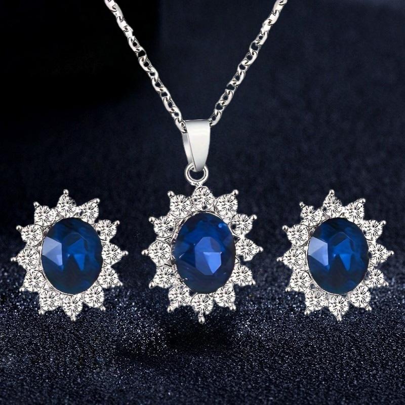 S925 Silver 3-piece Set of Water Drop-shaped Necklace and Earrings Jewelry Set, Ocean Blue Moissanite Set, Luxurious and Exquisite Jewelry