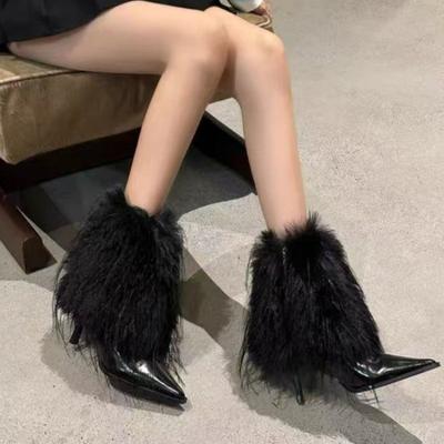 Mode Pelz Damen Stiefeletten Sexy Spitzschuh Hohe Absätze Schuhe Designer 2025 Winter Trend Neue Mode Stiefel Kleid Party Damen Pumps