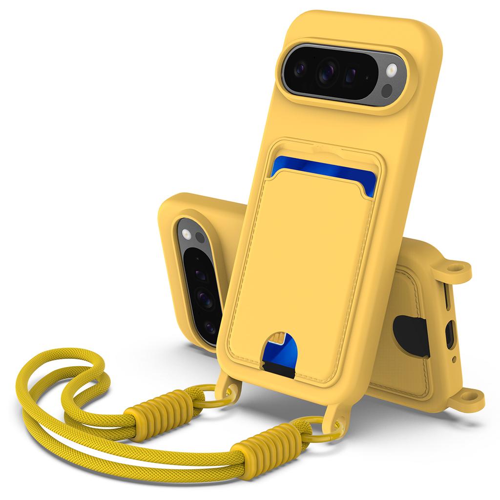 For Google Pixel 10 Pro XL Liquid Silicone Case Phone Back Cover with Card Holder and Short Strap