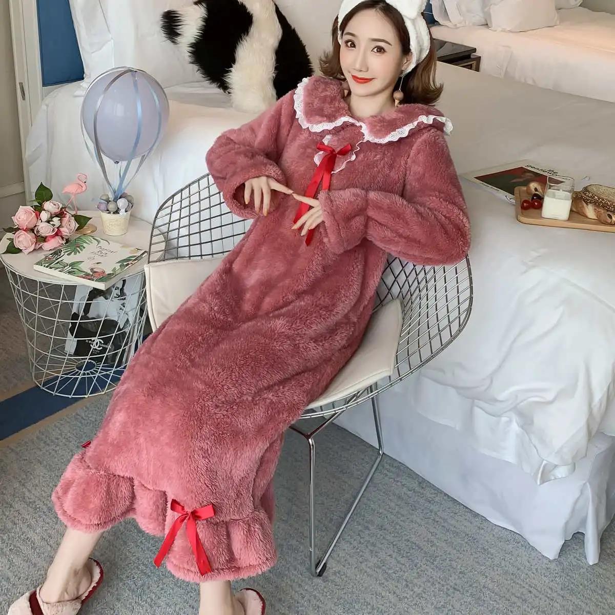 

Осенне-зимняя ночная рубашка из кораллового флиса, женская плотная фланелевая рубашка больших размеров, милая длинная ночная рубашка до колена XXXXL кирпич красный