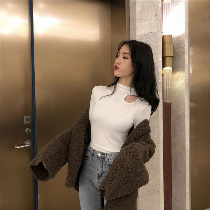 Threaded Half-high Neck Base Shirt for Women In Autumn and Winter Fashionable Inner Wear Slim and Cute Top Exposed Collarbone Long-sleeved T-shirt