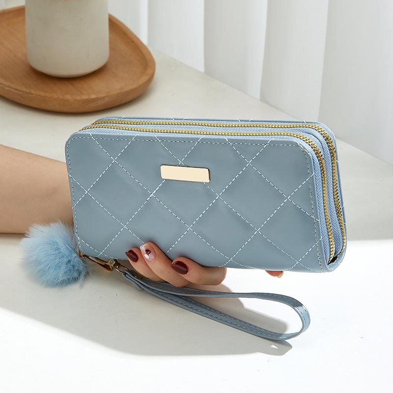 

Women s long wallet, new multi-card zipper clutch bag, rhombus hairball, women s wallet, one piece of hair синий