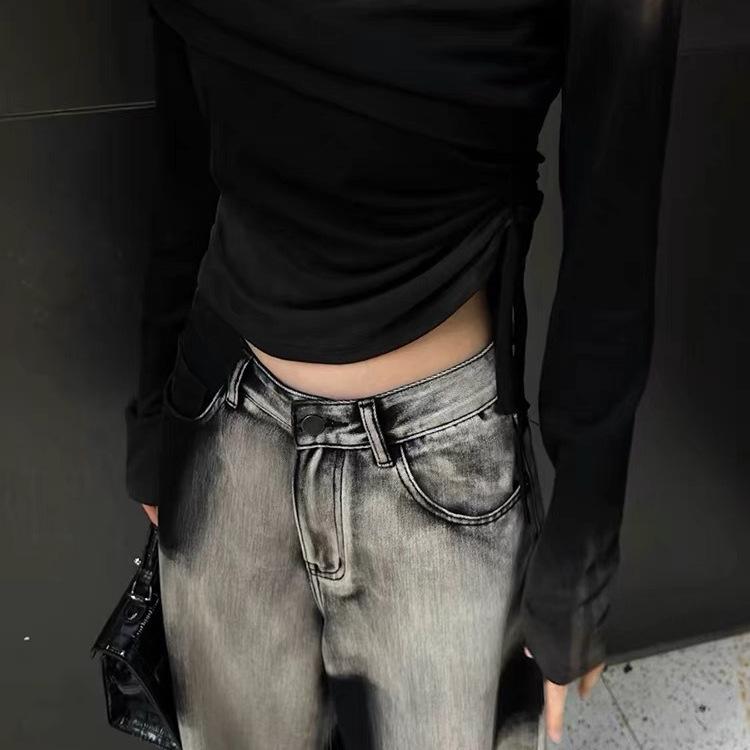 Retro Gradient Tie-dye Straight Jeans for Women In Autumn and Winter Design Niche Draped Lazy Wide-leg Trousers