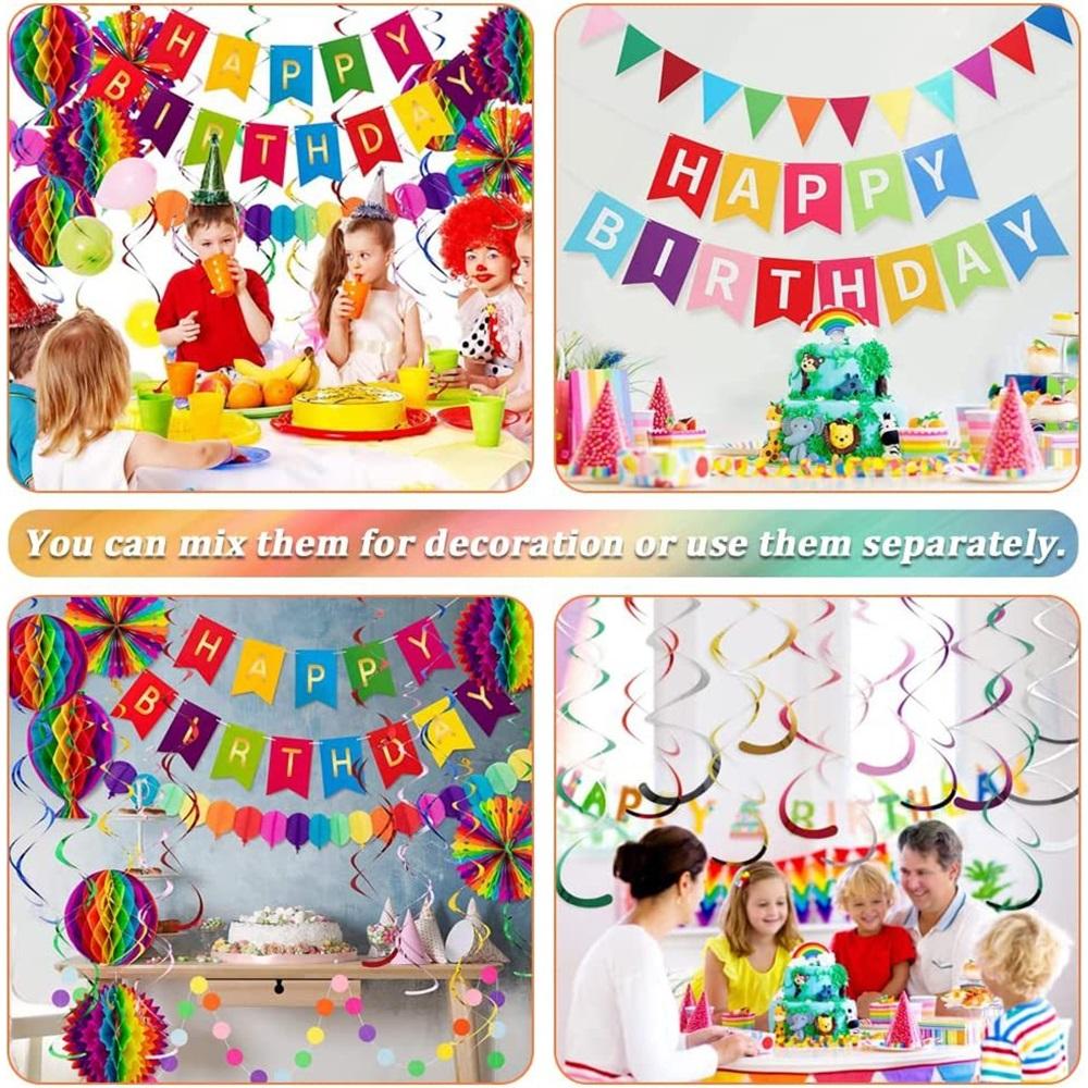 36 Pieces Reusable Birthday Decoration Set - Happy Birthday Banner, Bunting, Beehive Decoration, Ribbons (Confetti Rainbow Party Decoration)