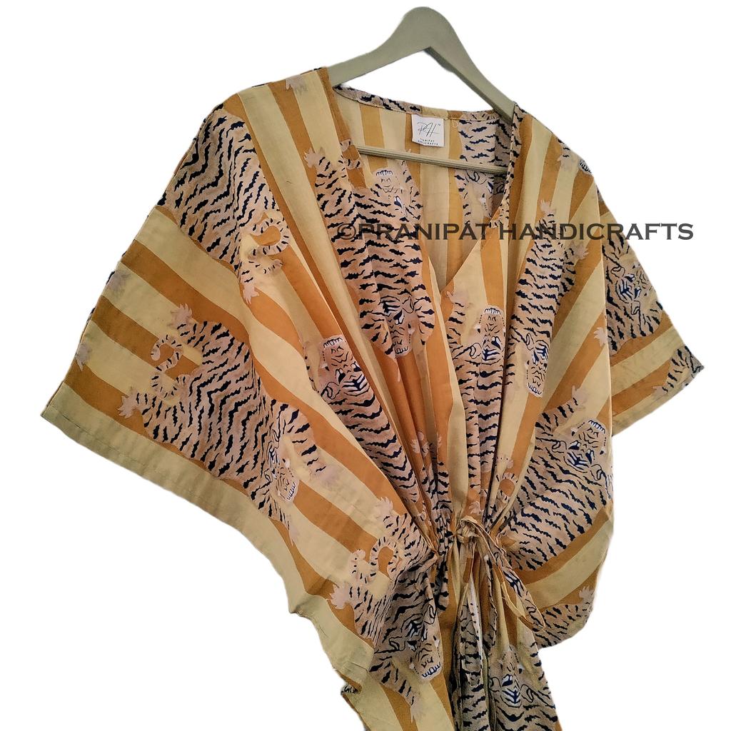 Women Cotton Summer Gold Sleepwear Tibetan Tiger Print Long Maxi Caftan Dress CKFTN-SCRN-FULL-BUYIT-105