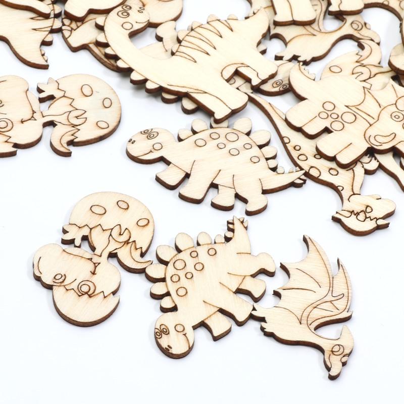 20pcs Mixed Dinosaur Cartoon Wooden Slices For Scrapbooking Embellishments DIY Crafts Supplies Wood Ornament Home Decor