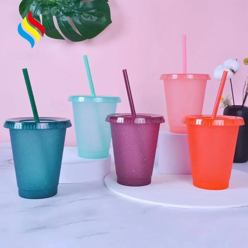 Creative Straw Cup Sequined Glitter Cup Colorful Coffee Juice Straw Mug Simple Cute Net Red Plastic Bottom Outdoor Portable Cup