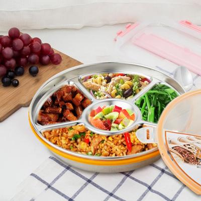 Runde Lunchbox mit durchsichtigem, luftdichtem Deckel, 6 Fächern, Edelstahl in Lebensmittelqualität, spülmaschinen- und gefriergeeignet, Speiseteller für Schule, Speisesaal