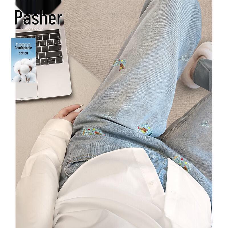 Sibaishai Women s High-Waist Dog Embroidery Wide-Leg Washed Jeans XL