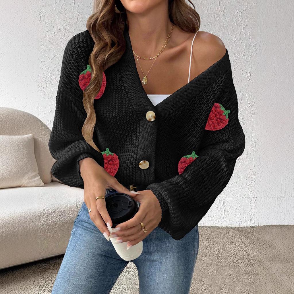 Nový podzimní a zimní vlněný trojrozměrný patchworkový kardigan s knoflíky ve stylu roztomilých jahod