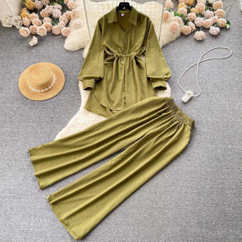 

Idle Style High Waist Slim-Fit Wide-Leg Pants Wear Drawstring Army Green All yards