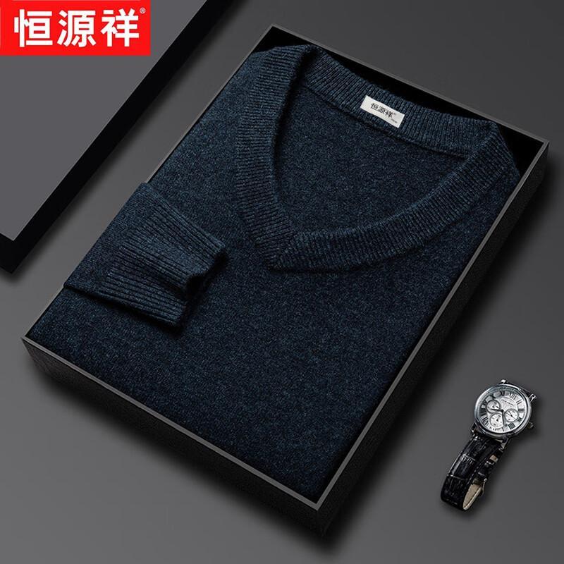 Hengyuanxiang Men's 100% Pure Wool Thickened Round Neck Sweater