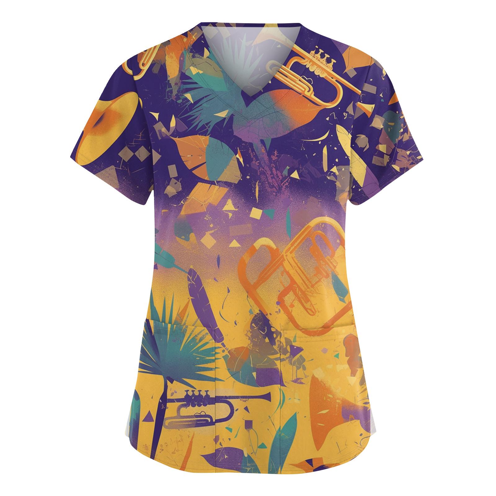 

Women s Fashionable V-neck Workwear Printed Short Sleeved Pocket Side Slit Workwear Basic Pullover Top L