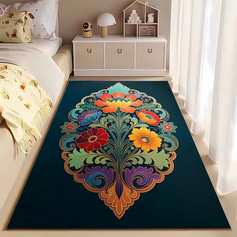 Colorful Floral Pattern Carpet, Bohemian Style, Dark Green Base Suitable for Use As an Anti-slip for Living Room Bedroom Sofas