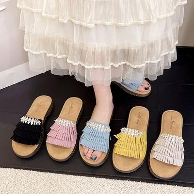 Fashion Korean Edition Pearl Retro Fashion Tassel Slippers Women Outside Wear Casual Flat Comfortable Slippers