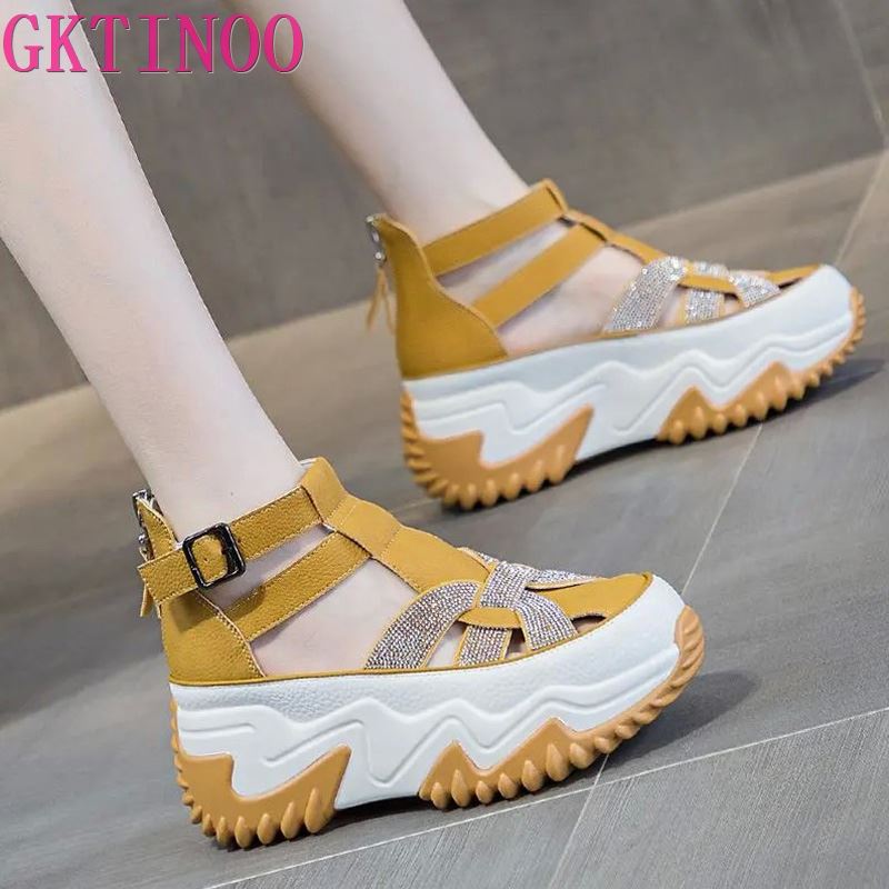 Mode GKTINOO Hollow Sandalen Strasssteine Mode Echtes Leder Damen Klobige Sneaker Damen Sommer Höhenvergrößernde Damenschuhe