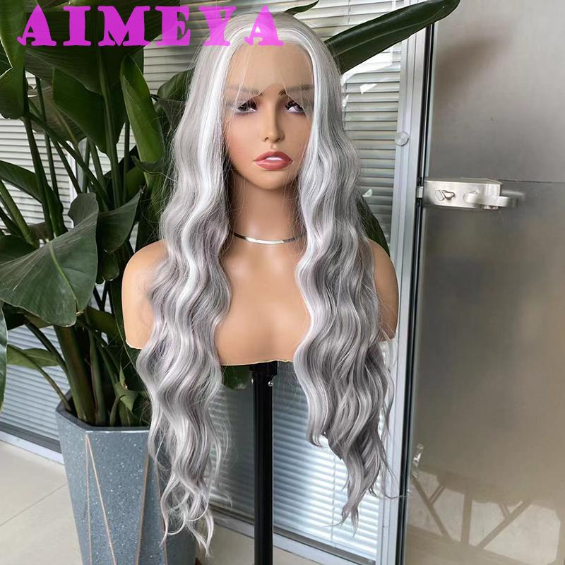 AIMEYA Light Grey Lace Front Wig White Highlights for Women Girls Long Body Wave Heat Resistant Synthetic Lace Wigs Daily Use