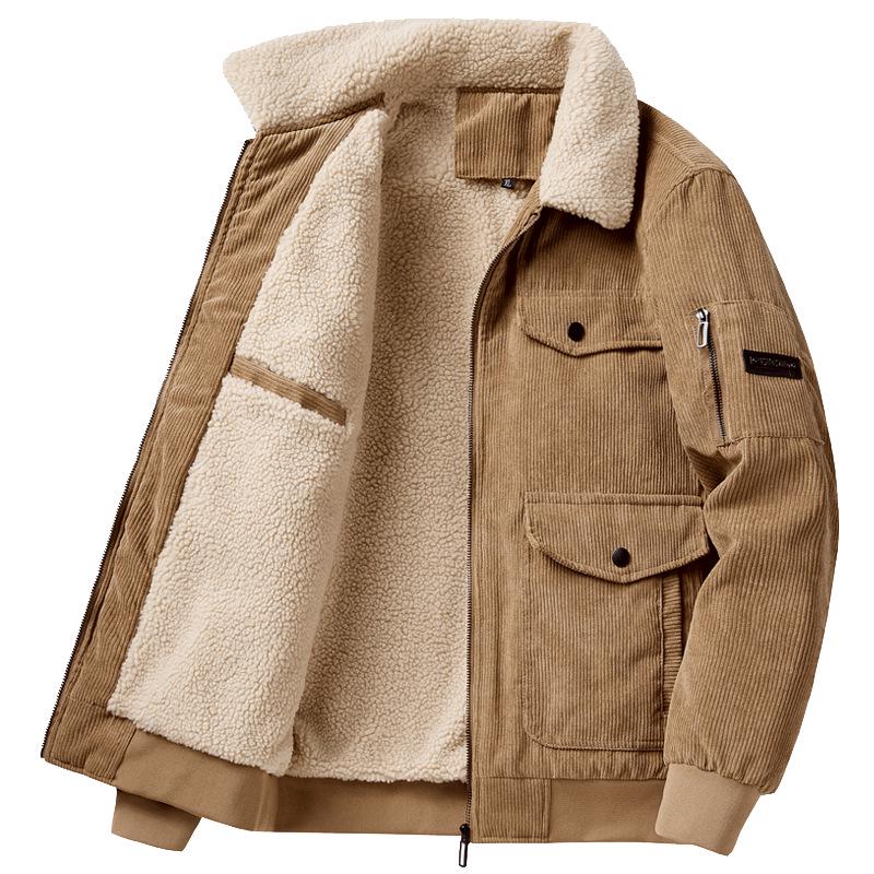 Men's 2025 Korean Style Corduroy Cotton Jacket with Lambswool Fleece Lining and Large Pockets