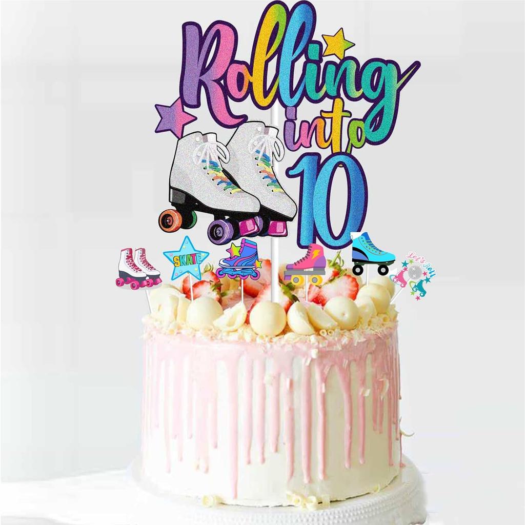 7Pcs Rolling Into 10 Theme Cake Toppers Sets Roller Skate Happy 10th Birthday Themed Set Cake Decoration Girls Club Rolling 10 Years Old Supplies
