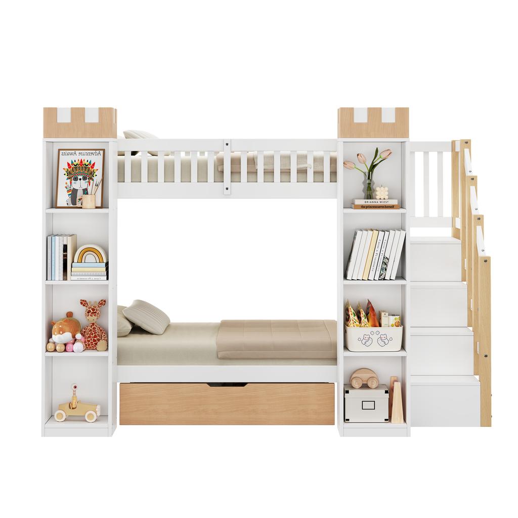 Bunk bed, loft bed, children's bed, wooden bed 90x200cm with drawer, fall protection and storage staircase, castle-shaped storage, white+natural color