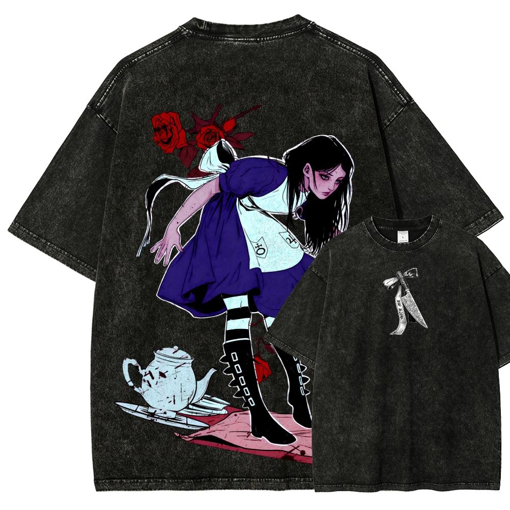 Alice Madness Returns Стирка Футболка Унисекс Личность Одежда Оверсайз Подходит для всех сезонов Пара Классический Высокое качество S
