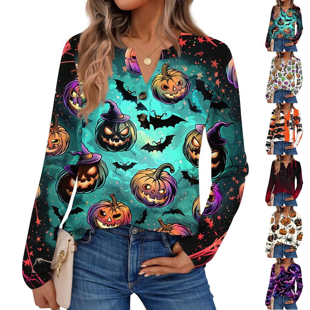 Women's Halloween Print Long Sleeve Shirt Casual Blouse