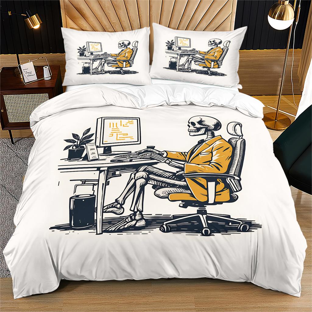 Skeleton Office Worker Duvet Cover Set Gothic Skull Typing On Computer Print Quilt Cover Set Vintage Cozy Bedding Set Home Decor