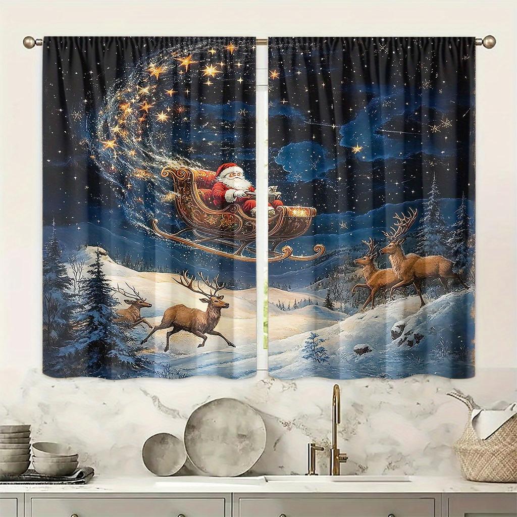Set Of 2 Santa Sled Christmas Curtains Hd Print Polyester Bedroom Living Room Office Decor Curtain Sheer For Great Made With Rod Pocket Washable