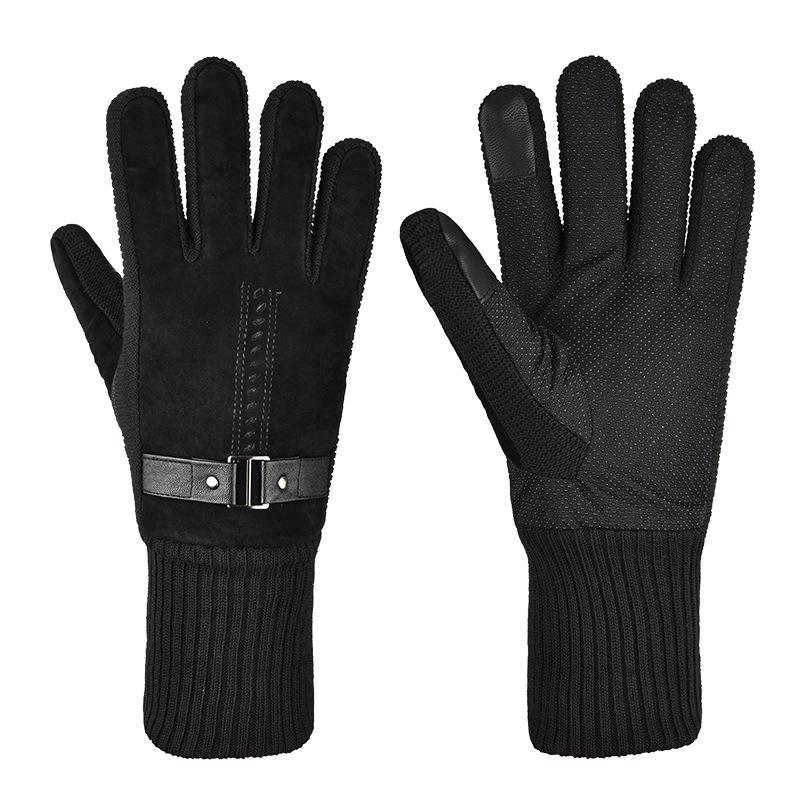 Pigskin Gloves Men's New Autumn and Winter Ski Gloves Outdoor Cycling Bicycle Leather Gloves Warm and Thickened Anti-slip
