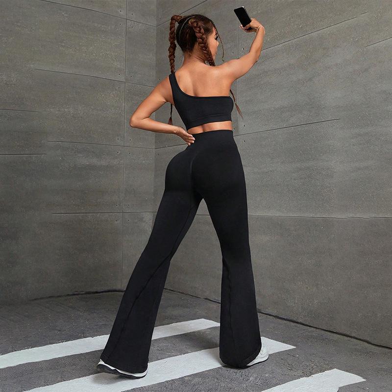 Women s Summer Yoga Wear: Single Shoulder Sports Bra & Micro-Flare Pants Set Small чёрный