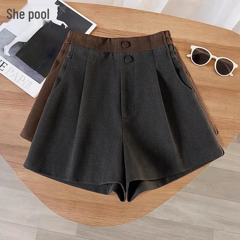 

Women s Solid Color Elastic Waist Tweed Shorts L