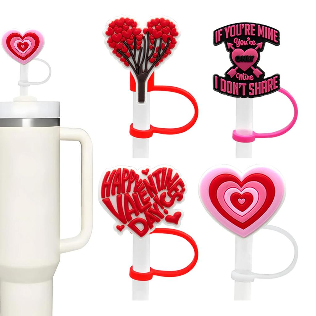 Leeseph 4pcs Straw Cover Red Pink Theme Cute Silicone Straws Tips Cover Reusable for 7-8mm/0.2-0.3in Diameter Straws Summer Gift