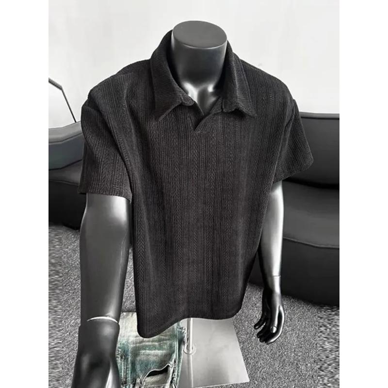 

Men Short Sleeve Polo Shirt Herringbone Rib Knit Oversized Casual Top XXXL чорний