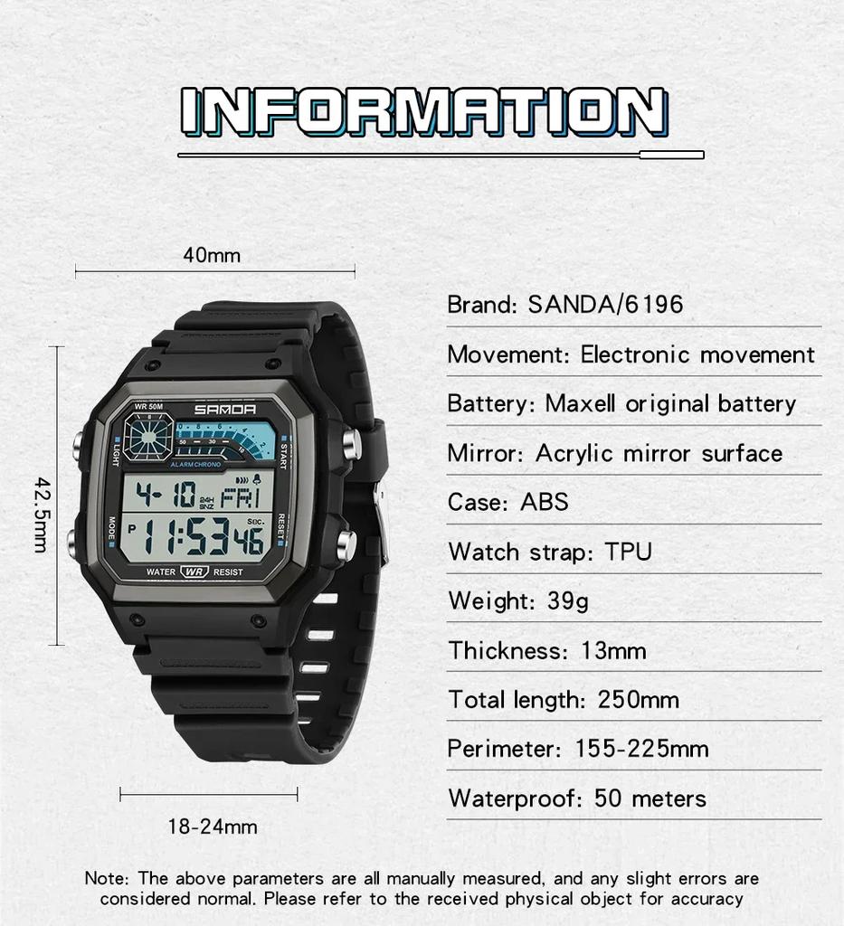 SANDA 6196 Waterproof Watch Sports Men's Lightweight Square Classic Fashion Electronic Rel gio mulher Electronic Night Glow
