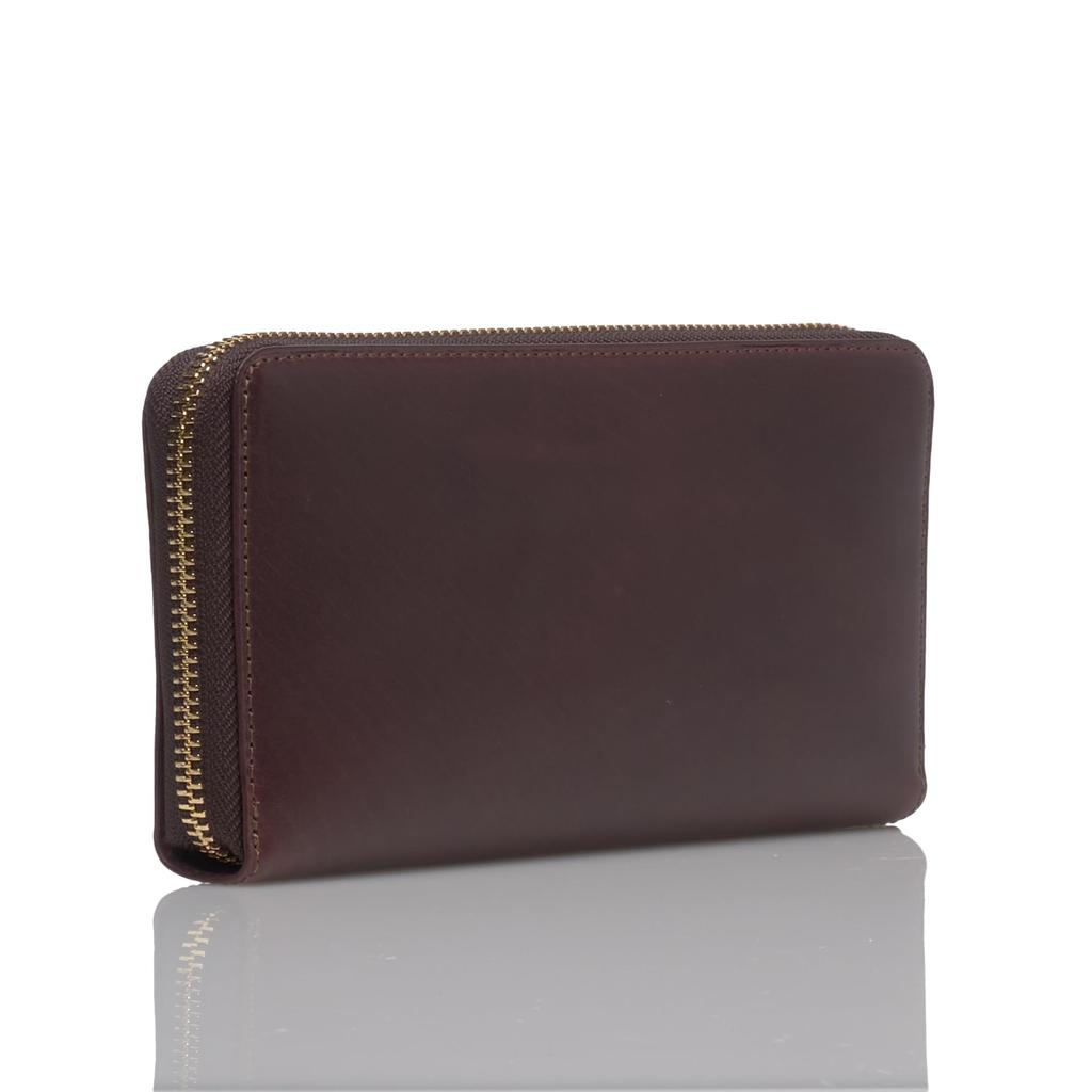 Katharine Hamnett London Round Long Wallet, Calf Leather, Premium Calf Leather, Zipper-Around, Bill Compartment, Card Slots, Coin Purse, Chocolate,
