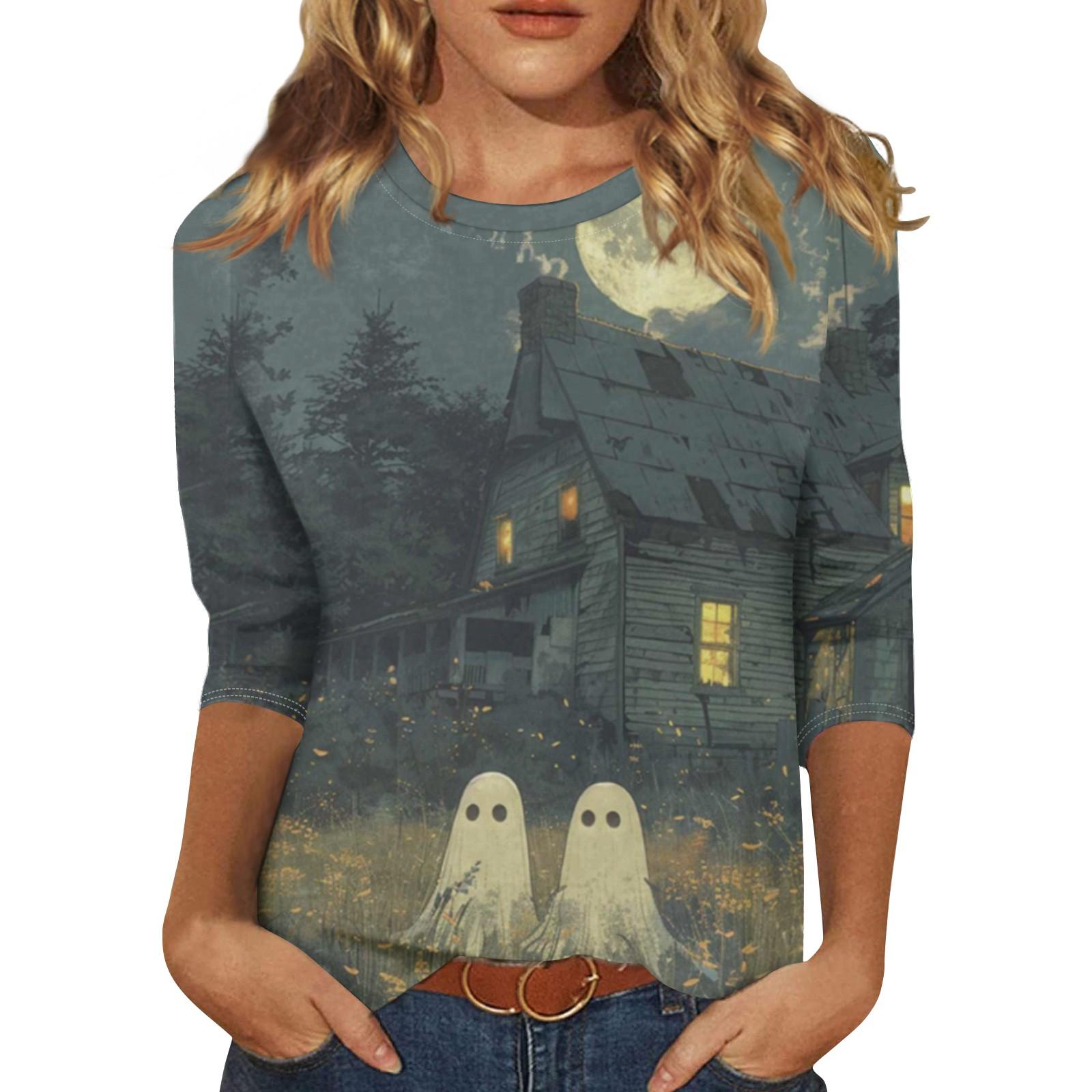 

Fashion Sleeve Shirts For Women Cute 2024 Halloween Print Graphic Tees Blouses Casual Plus Size Basic Tops Pullover XXL