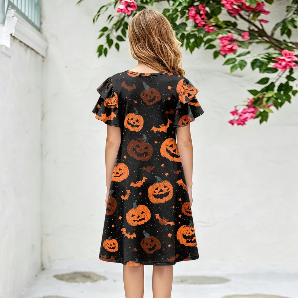 Children's ruffled sleeve dress with round neckline, A-line style, casual Halloween print dress