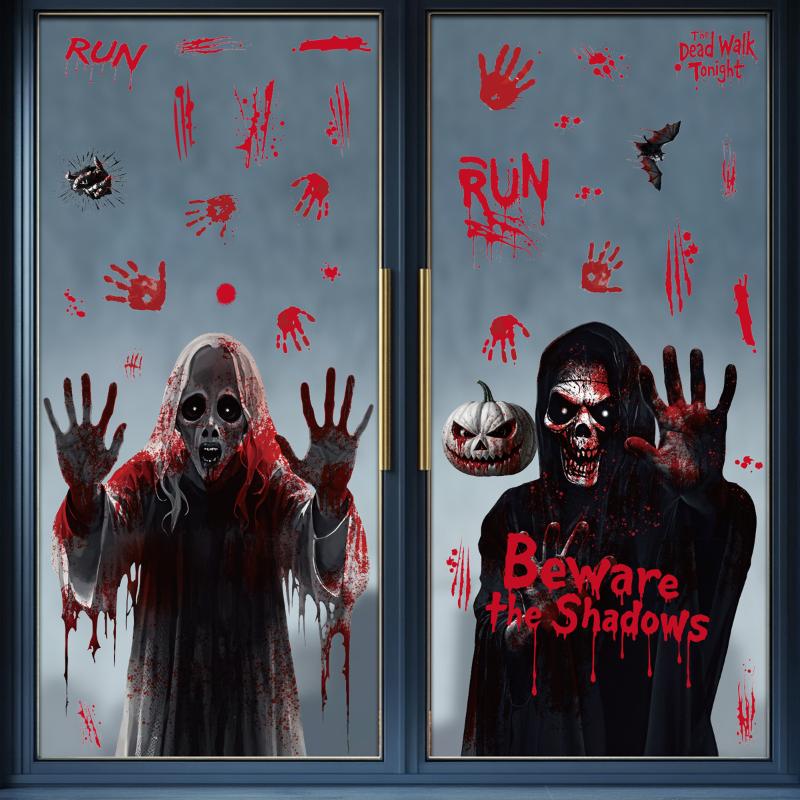 2025 Halloween Static Cling Stickers Scary Ghost Woman Bloody Handprint Window Decals For Spooky Party Home Decor