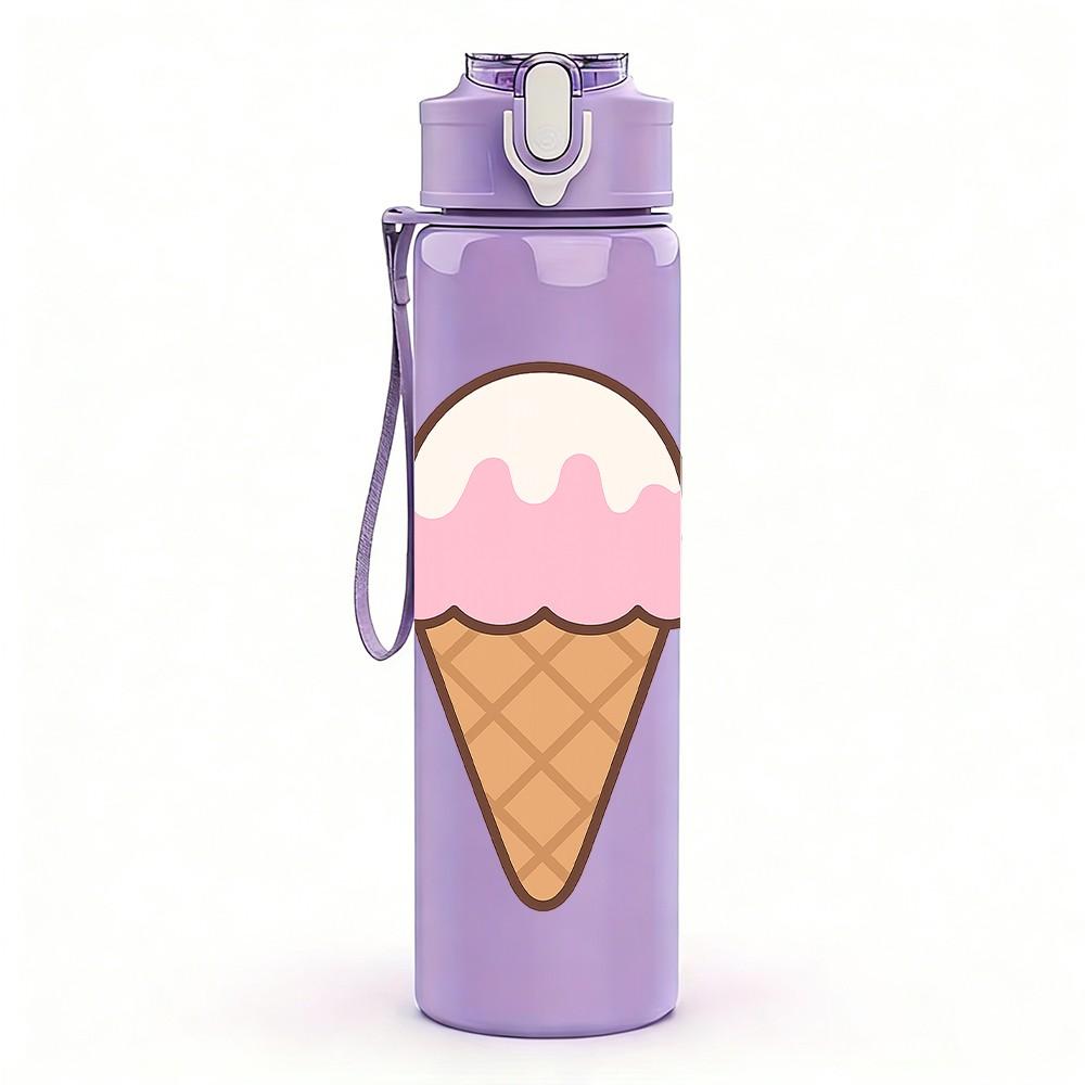 1PC Sweet Ice Cream Cone Pattern 750ml Color Plastic Sports Water Bottle Leakproof Flip Straw Lid Suitable for Sports Office Home Use
