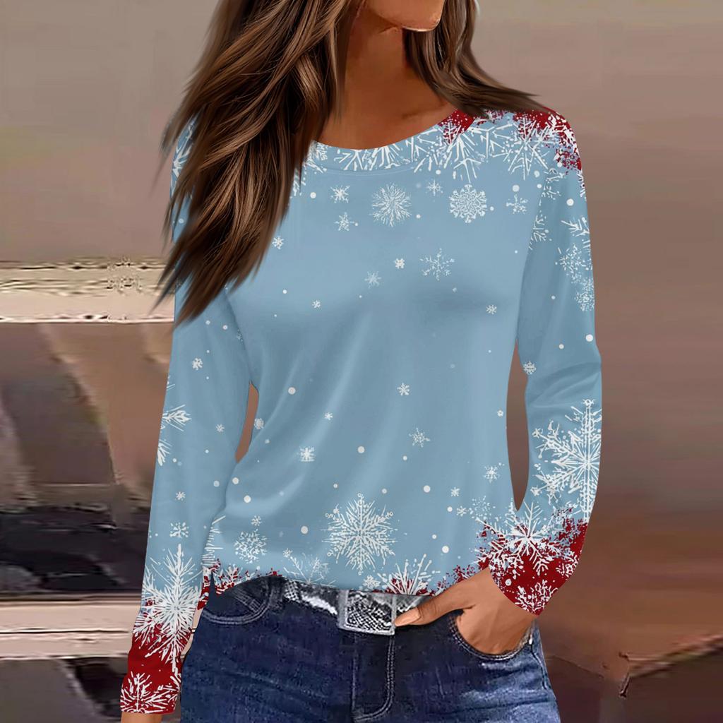 Women's Fashion Casual Slit Hem Round Neck Long Sleeve Loose Christmas Printed T-Shirt Ladies Top