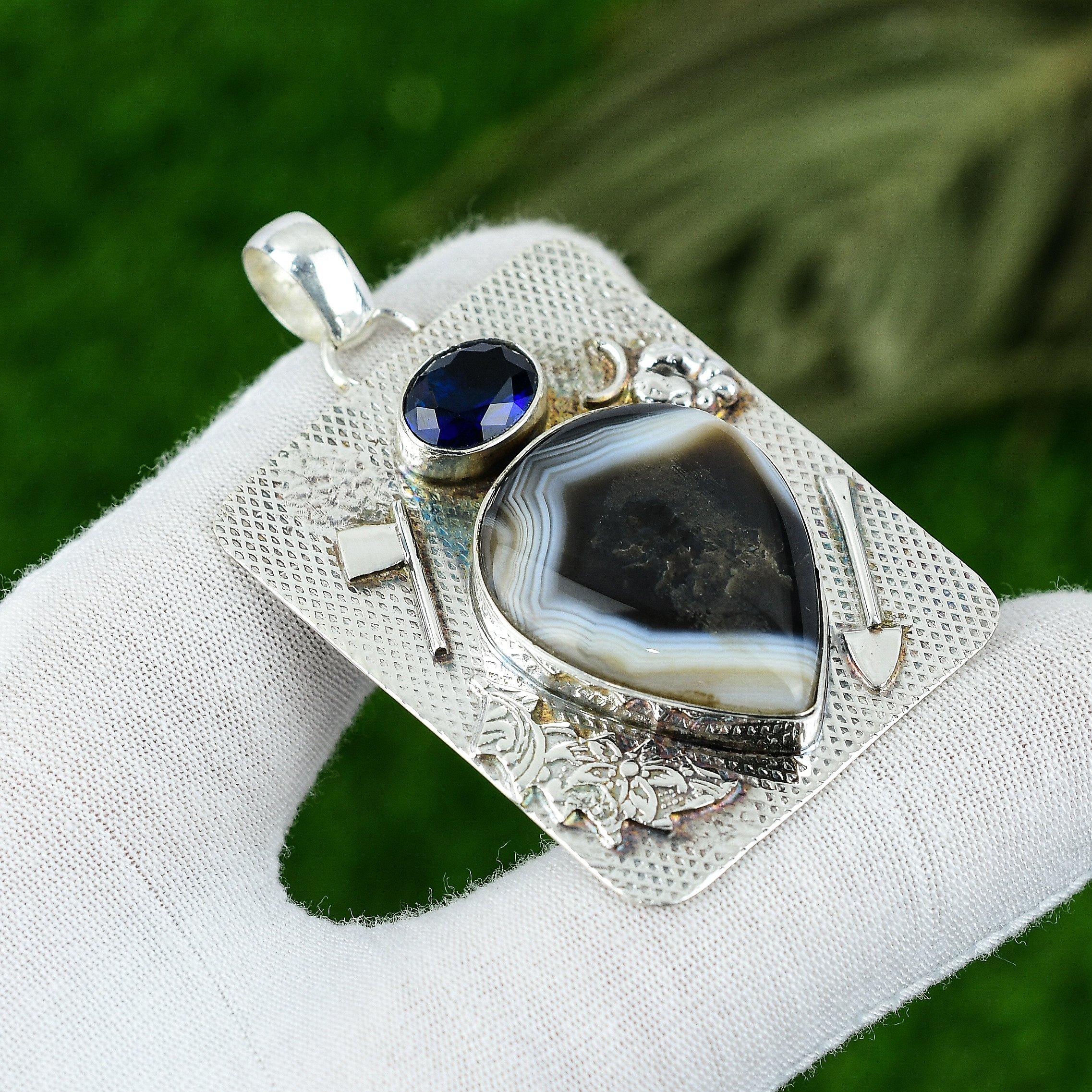 

Anniversary Gift For Her Natural Botswana Agate Gemstone Pendant 925 Silver