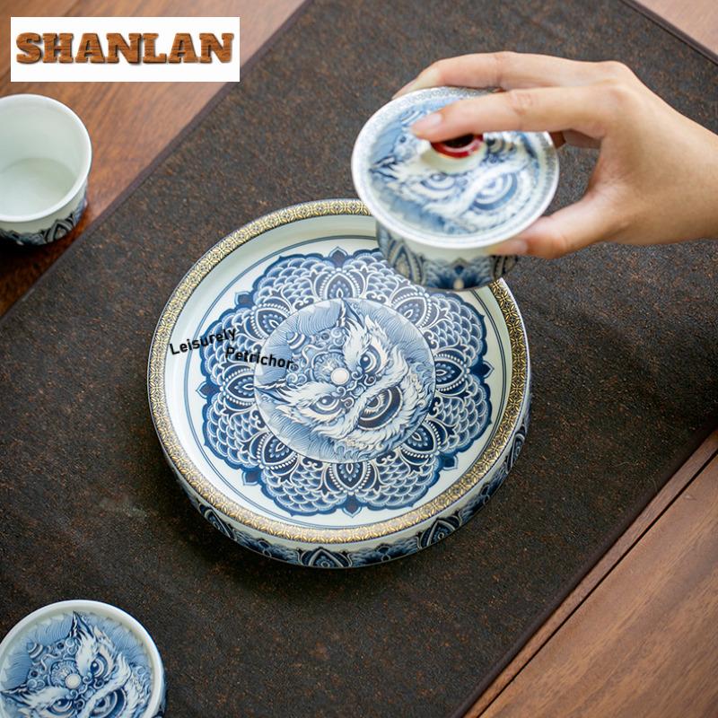 Gaiwan in Porcellana Bianca e Blu Smaltata Colore Leone Risvegliato Tazza da Tè Tureen da Tè con Coperchio Kit Ciotola Coperchio per Infusione Tè Set da Tè Regalo