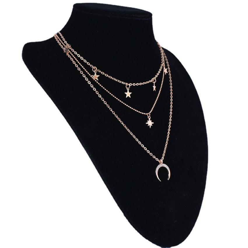 European & American Street Style Star & Moon Multi-layer Diamond Pendant Necklace for Women