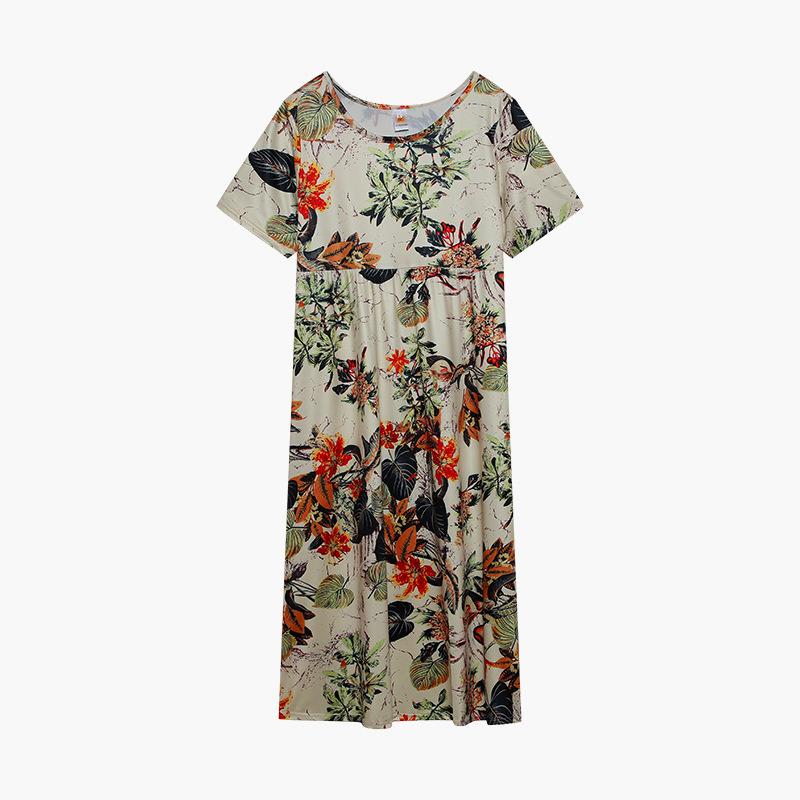 Women s Retro Floral Print Short Sleeve Crew Neck Dress S