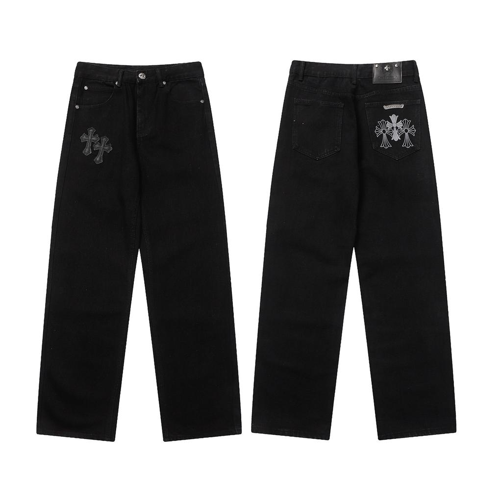 Unisex Cro Cross Leather Tag Washed Denim Jeans - Couples Street Style Loose Fit Long Pants