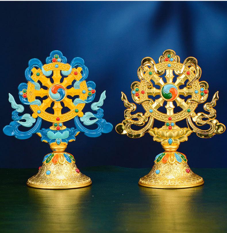 Tibetan Auspicious Symbols: Eight Treasures Golden Wheel Ornament for Home Altar Decoration