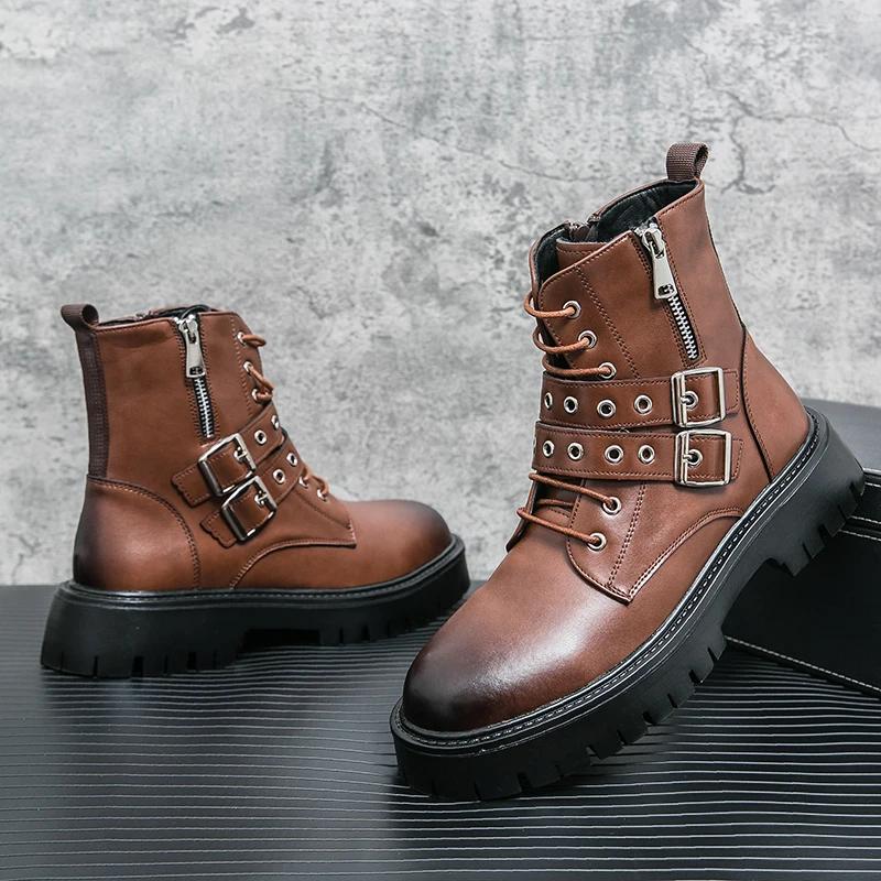 New Black Motorcycle Boots for Men Brown  Lace-up  Round Toe Platform Short Boots Western Boots  Size 38-45